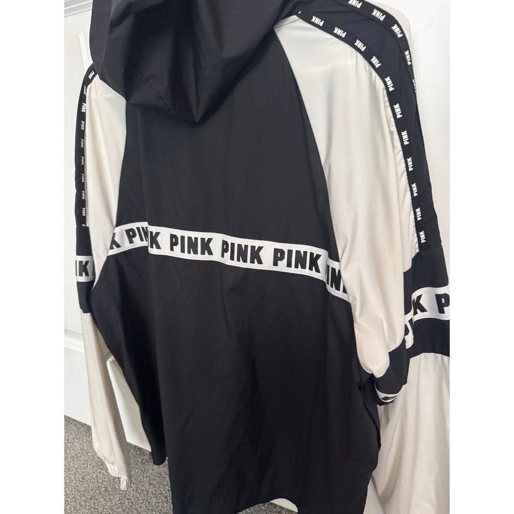 PINK Victorias Secret Rain Coat Jacket Black White Zip Up Hooded Logo Medium